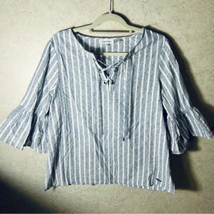 CALVIN KLEIN MEDIUM BOHO BEACH GREY WHITE STRIPPED BEACHY COASTAL INDIE BLOUSE